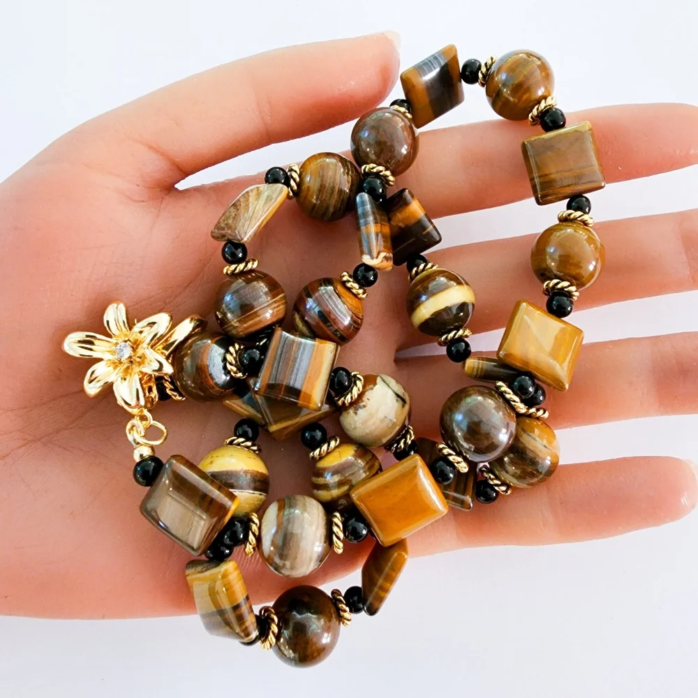 Cat's eye gemstones necklace 14k GP CZ flower clasp gold tigers eye L509 -Q5